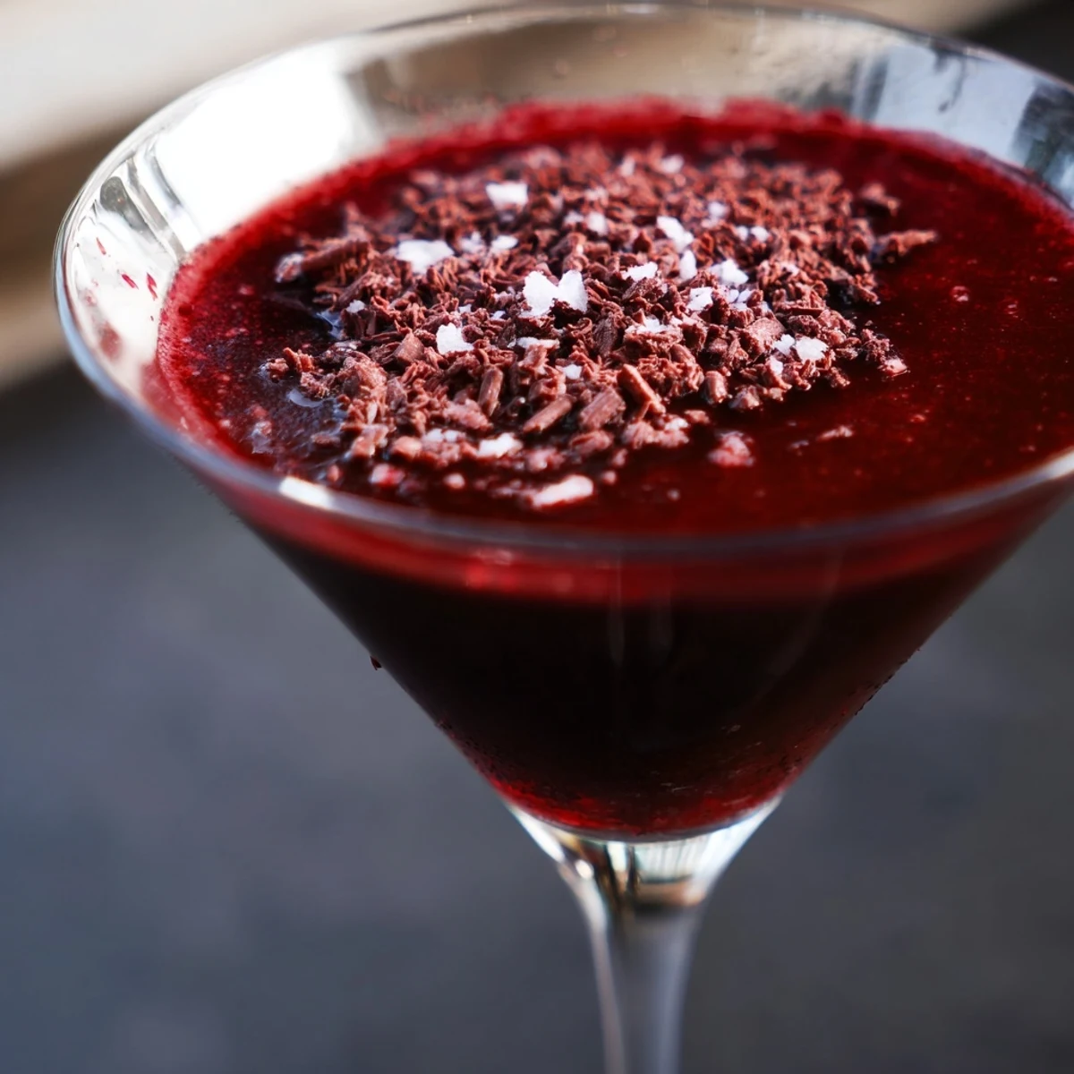 Two elegant Decadent Red Velvet Martinis sit on a bar counter with red velvet cake crumbs nearby.