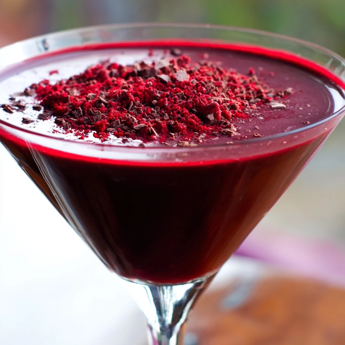 The Decadent Red Velvet Martini features a rich red hue and a creamy, frothy top in a martini glass. 