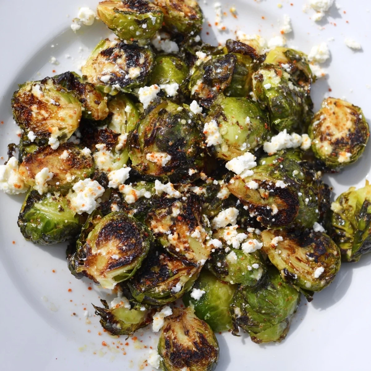Golden roasted Brussels sprouts and charred corn kernels tossed in a creamy, tangy sauce, topped with crumbled cotija cheese, fresh cilantro, and chili powder for Mexican Street Corn Brussels Sprouts Delight.