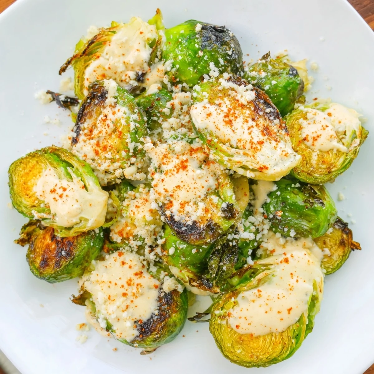 Sizzling Brussels sprouts and corn fresh from the oven, drizzled with lime-spiked mayo and sour cream sauce, finished with cotija and chili powder for this Mexican Street Corn Brussels Sprouts Delight.