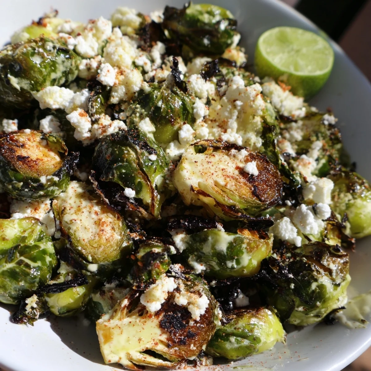 A close-up of a vibrant bowl of Mexican Street Corn Brussels Sprouts Delight, showcasing crispy roasted vegetables, creamy dressing, cotija cheese, and a sprinkle of chili powder.