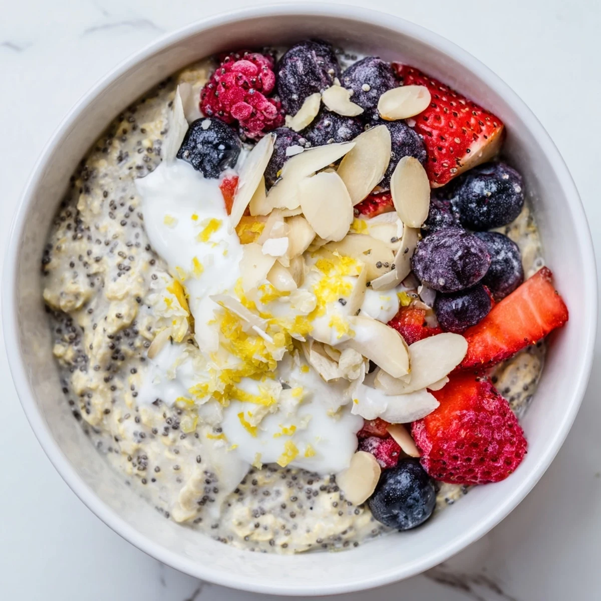 A close-up of Vegan Lemon Poppy Seed Overnight Oats in a glass jar, with creamy texture and visible poppy seeds.