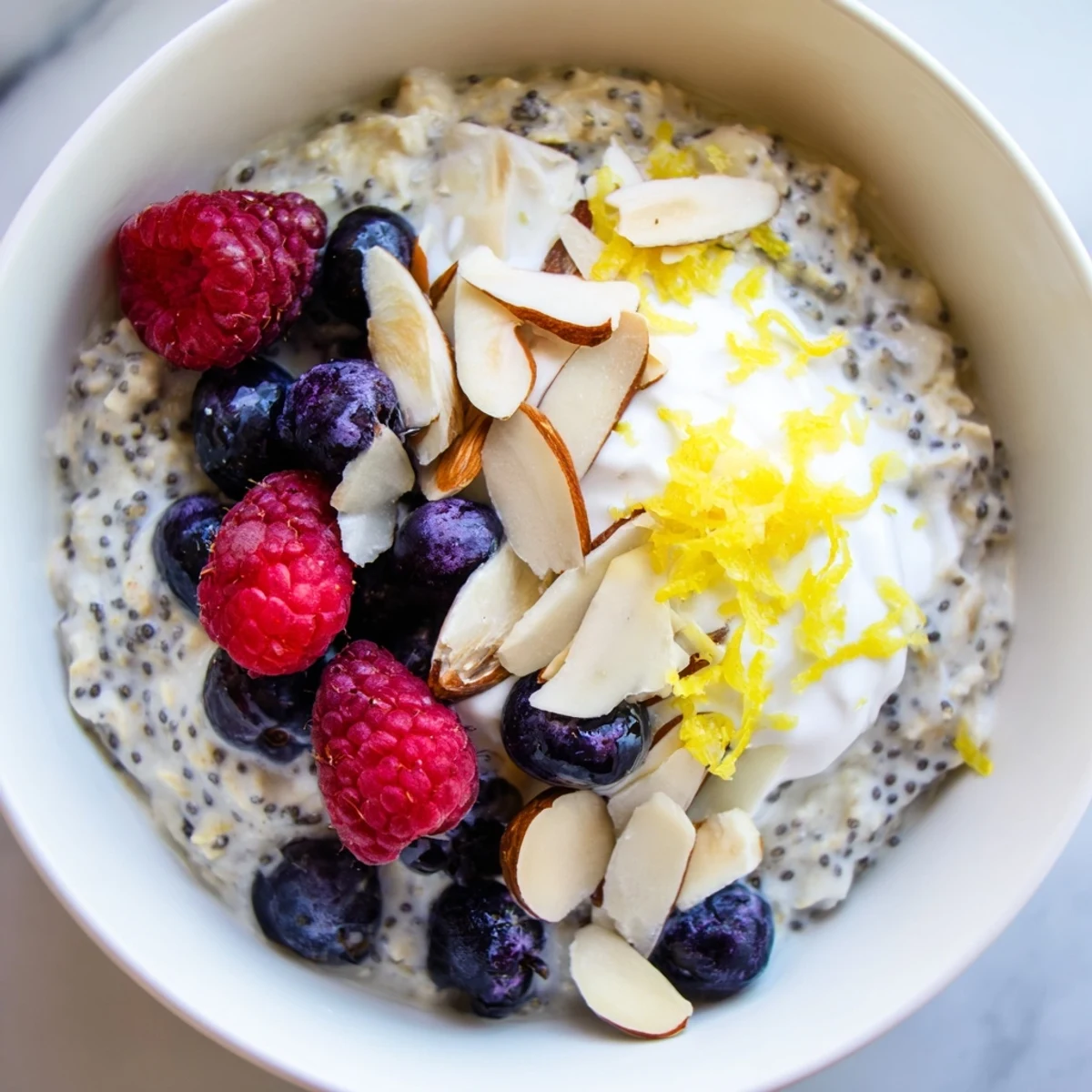 Overnight oats with lemon and poppy seeds served in a bowl, garnished with extra zest for a bright breakfast.