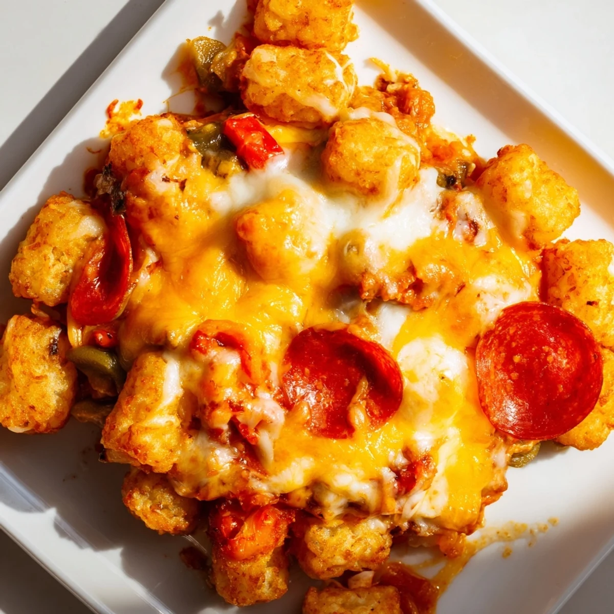 In the photo, the Cheesy Pizza Tot Casserole emerges from the oven with golden, bubbly cheese and crisp tater tots, topped with pepperoni and fresh bell peppers.