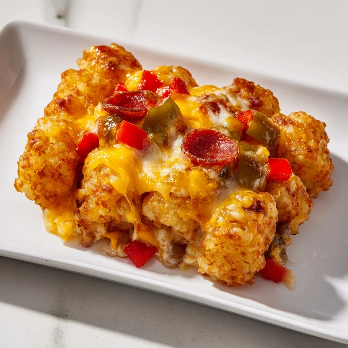 Fresh basil and oregano garnish the hearty Cheesy Pizza Tot Casserole, its melty cheese stretching as it sits beside a simple green salad on the dinner table.