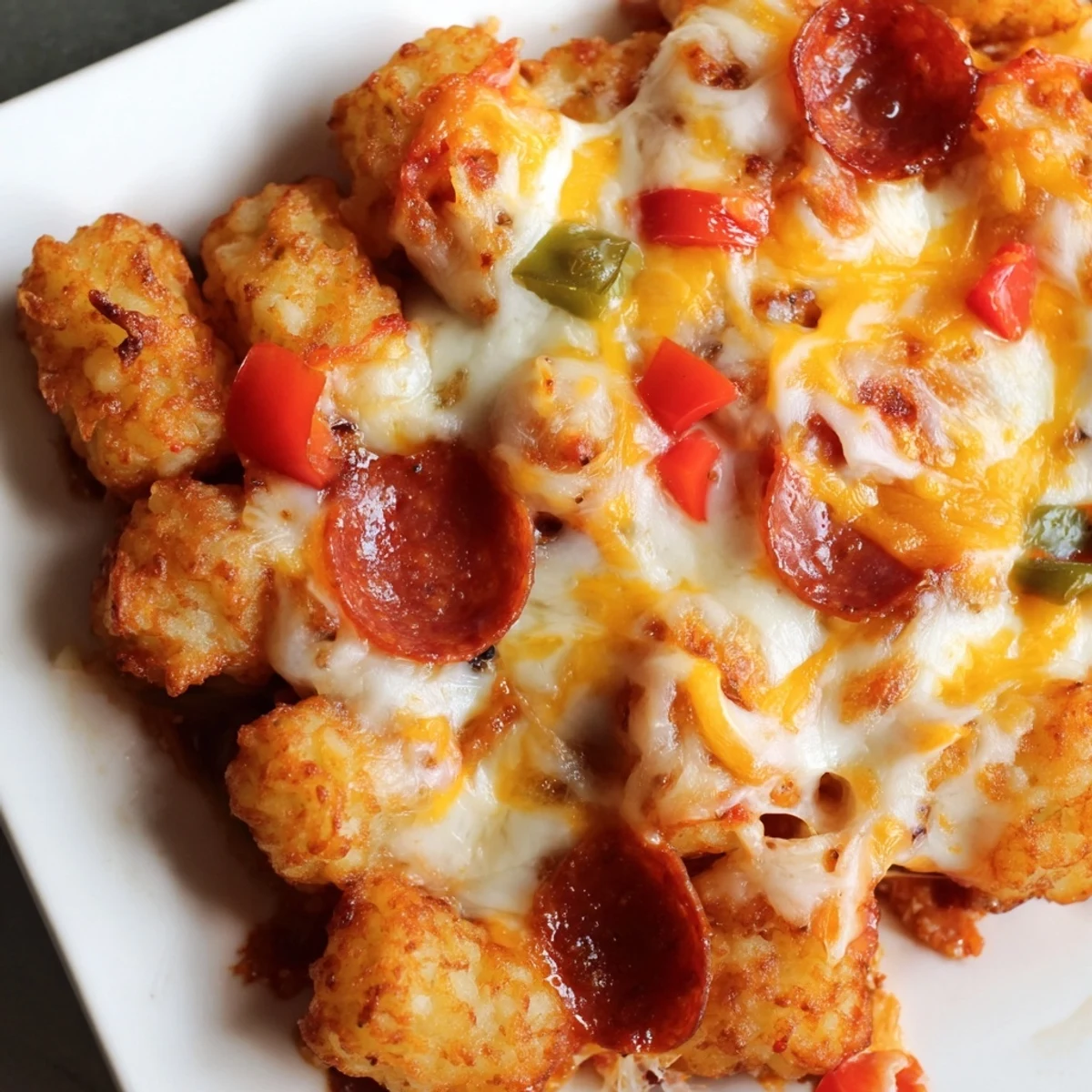 The baked Cheesy Pizza Tot Casserole features crispy tater tots loaded with savory pizza sauce, mozzarella, cheddar, and colorful vegetables, ready to serve a family of six.