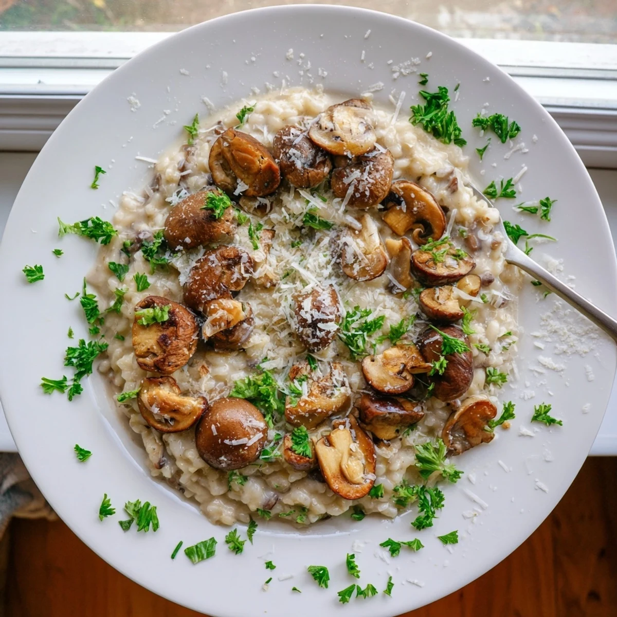 A close-up of Creamy Mushroom Risotto shows tender mushroom slices and melted Parmesan in a gleaming white ceramic bowl.