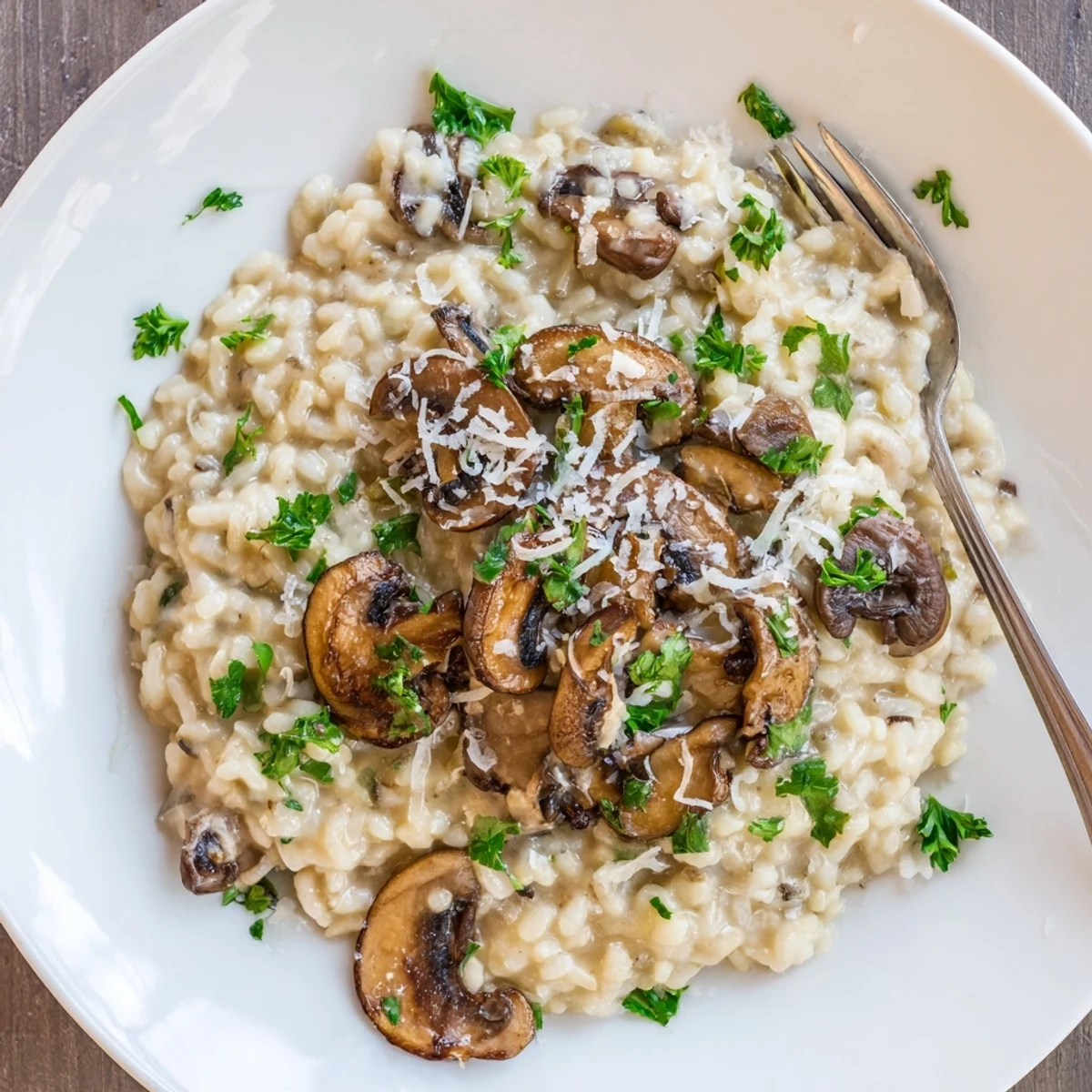 Steam rises from a bowl of Creamy Mushroom Risotto garnished with fresh parsley and extra Parmesan, served on a rustic wooden table.