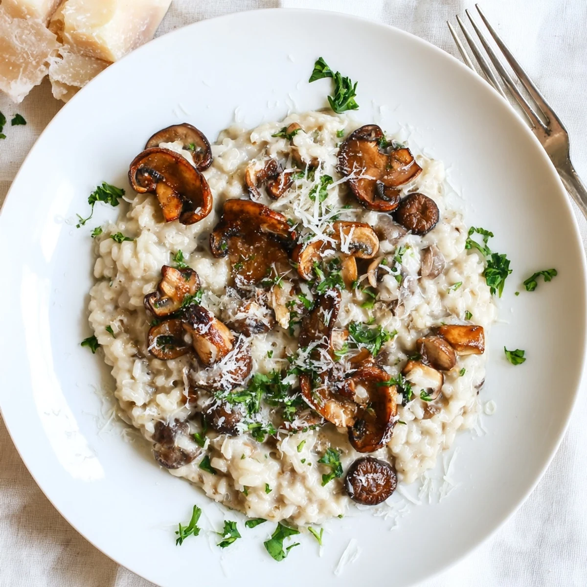 Overhead view of Creamy Mushroom Risotto in a skillet beside a glass of white wine, perfect for a cozy Italian dinner.