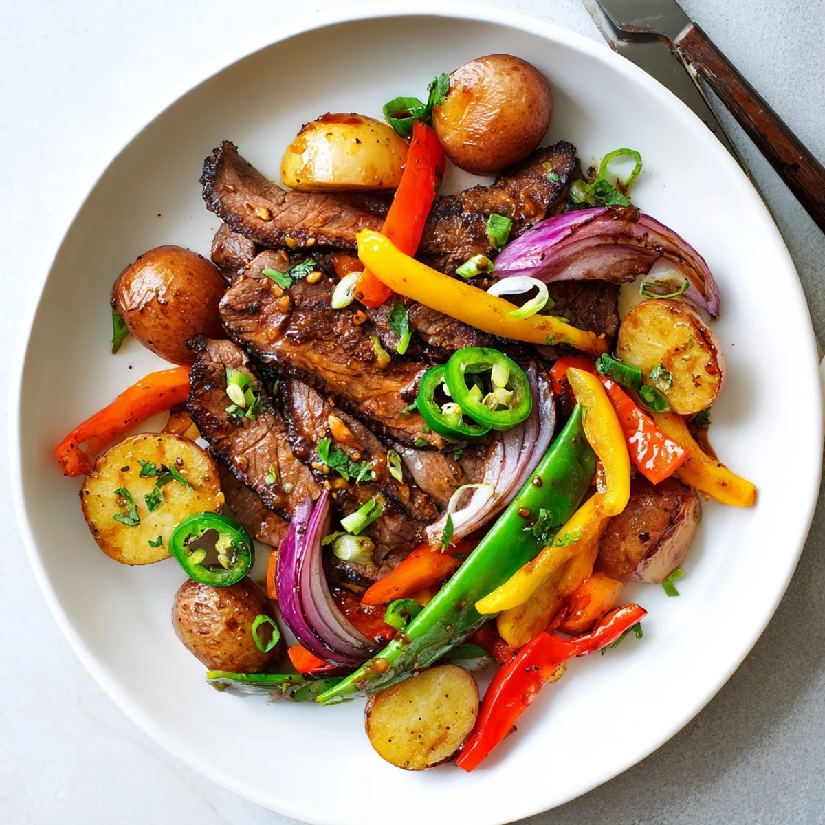 This Blackstone Cowboy Stir Fry Dinner features juicy beef, colorful peppers, and potatoes, garnished with fresh cilantro and scallions for serving.