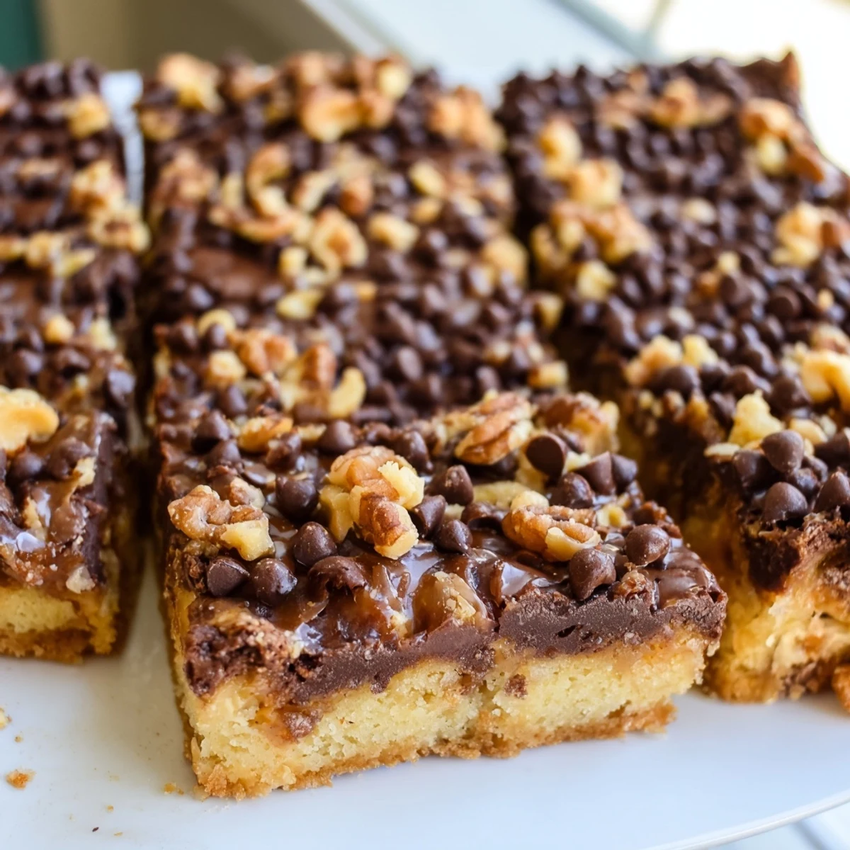 Close-up of a freshly baked Cake Mix Toffee Bar cut into squares, with rich chocolate and pecans visible.