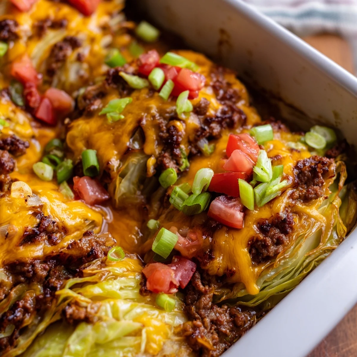 Golden-brown roasted cabbage layers in the Easy Crispy Cabbage Burger Bake, featuring savory ground beef and melted cheddar cheese.  