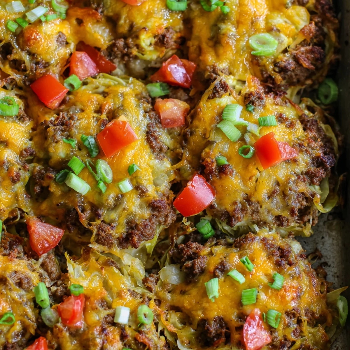 A close-up slice of the Easy Crispy Cabbage Burger Bake reveals juicy beef and melted cheese between crispy cabbage rounds.