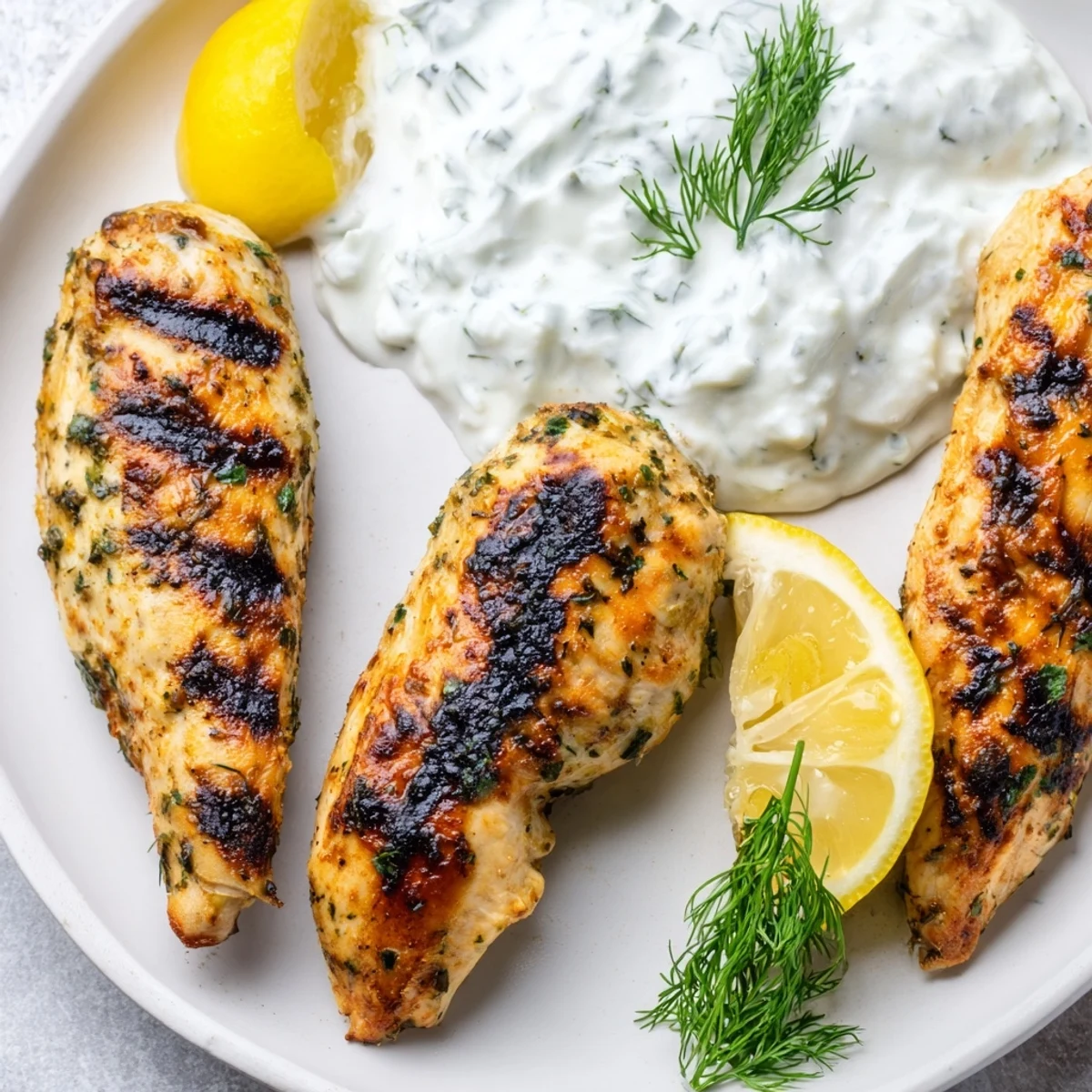 Juicy grilled Delicious Greek Chicken Tenders with herbs and a creamy yogurt dipping sauce on a plate.
