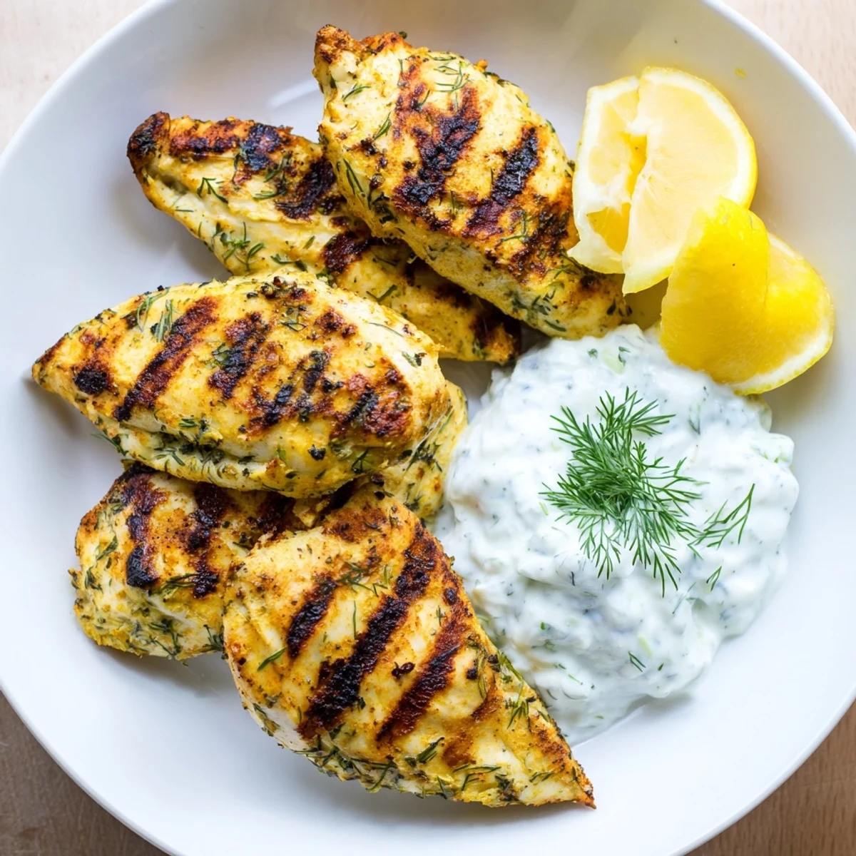 Sizzling Delicious Greek Chicken Tenders fresh off the grill, paired with refreshing yogurt sauce for a family dinner.