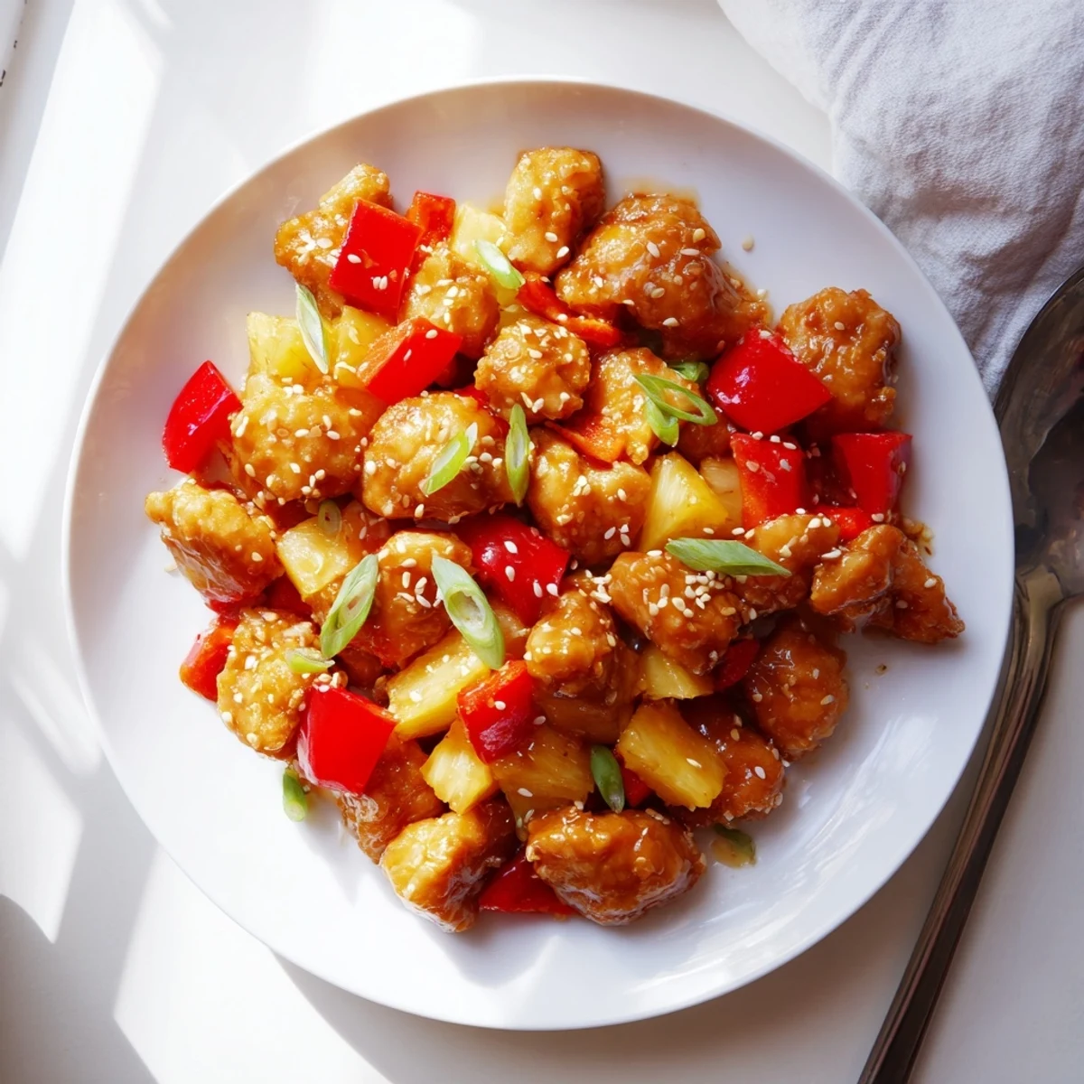 Juicy pieces of Sticky Pineapple Chicken glisten in a sweet tangy glaze on a white plate, ready to serve over steamed rice.