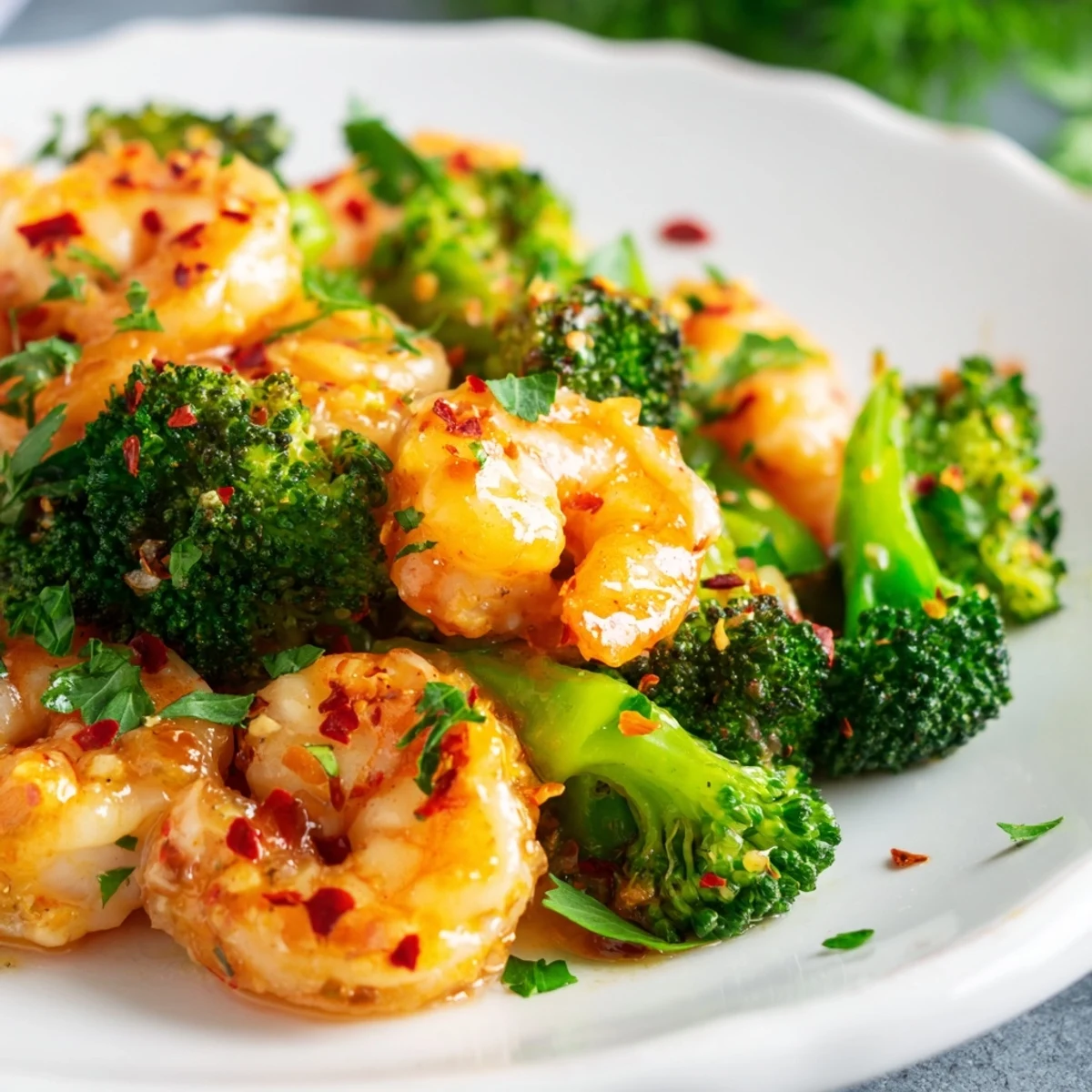 Plump, pink Honey Garlic Butter Shrimp & Broccoli glistening in a savory glaze on a white plate.