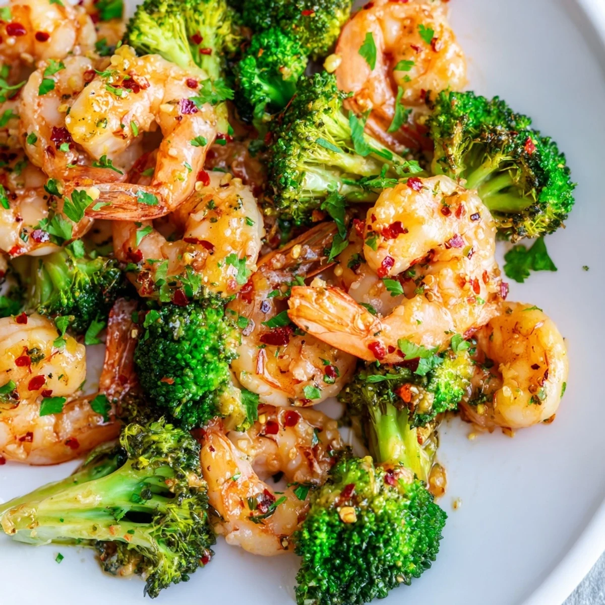 A skillet of sizzling Honey Garlic Butter Shrimp & Broccoli topped with lemon wedges and herbs.