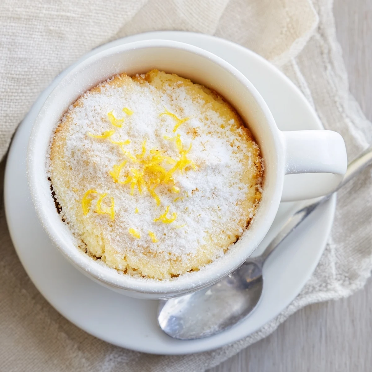 Creamy Lemon Cottage Cheese Mug Cake topped with powdered sugar in a white mug, steam rising.