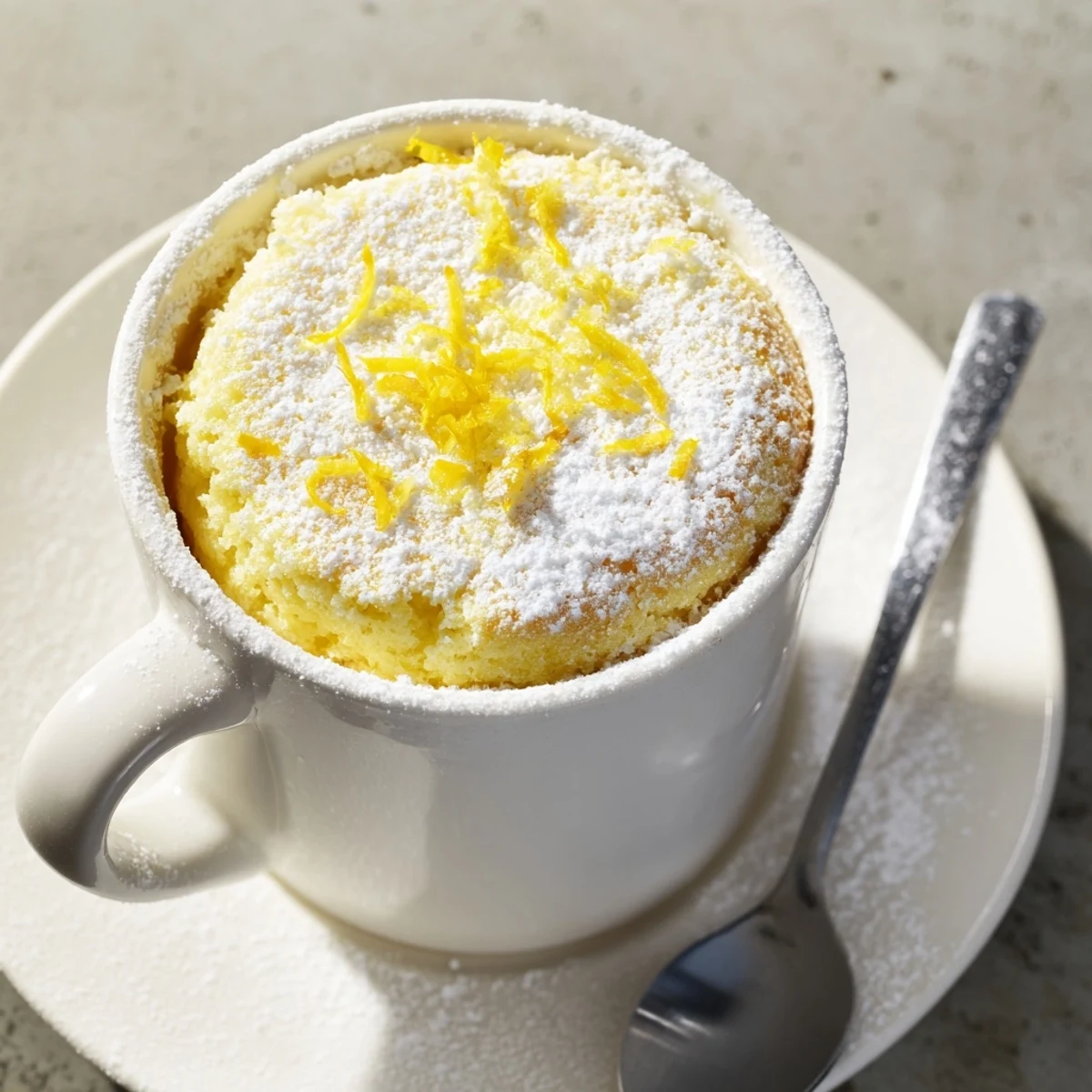 Golden Lemon Cottage Cheese Mug Cake enjoyed directly from the mug with a spoon, bright and tangy.