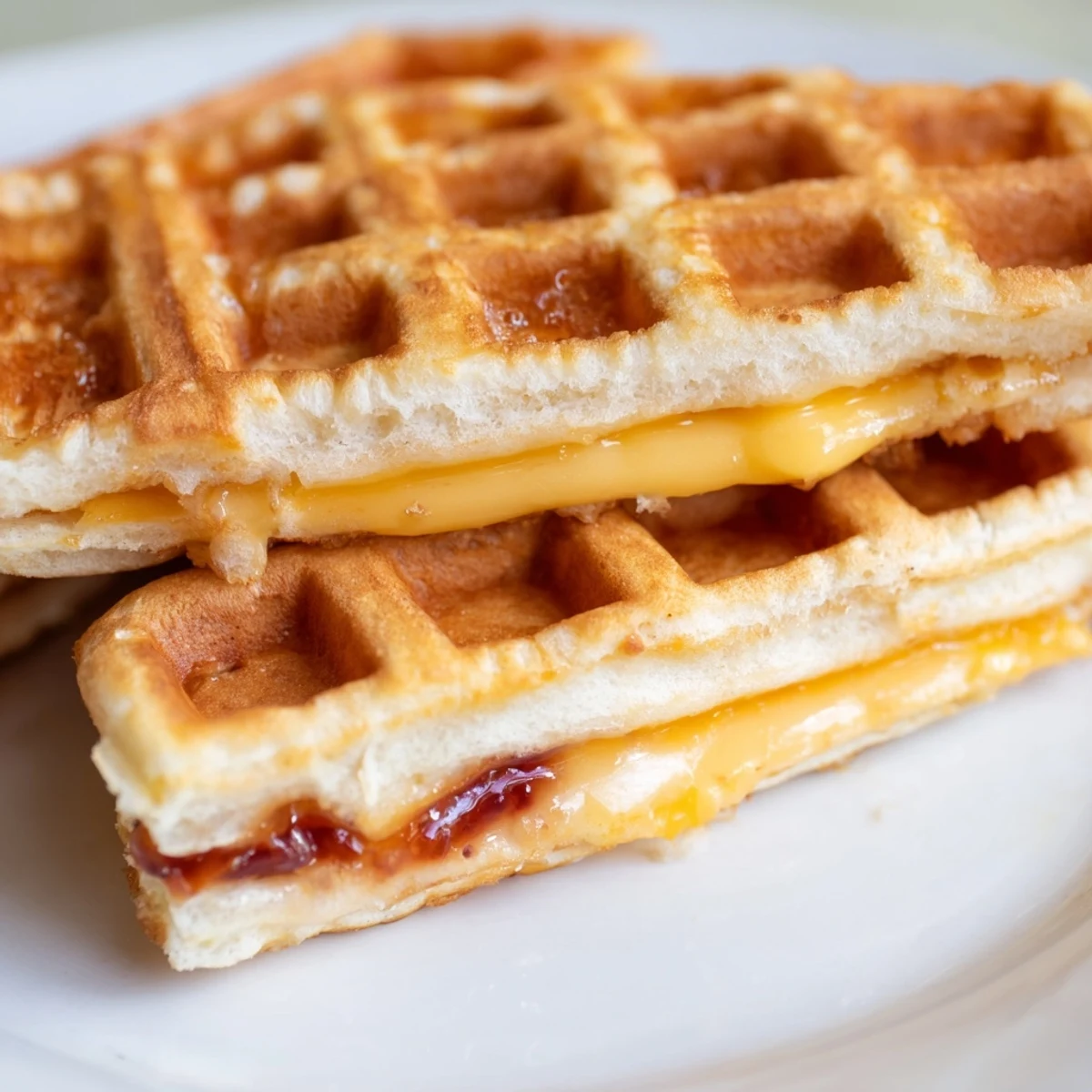 Golden, crispy sweet waffle grilled cheese halves revealing gooey Havarti and apricot jam on a cutting board.