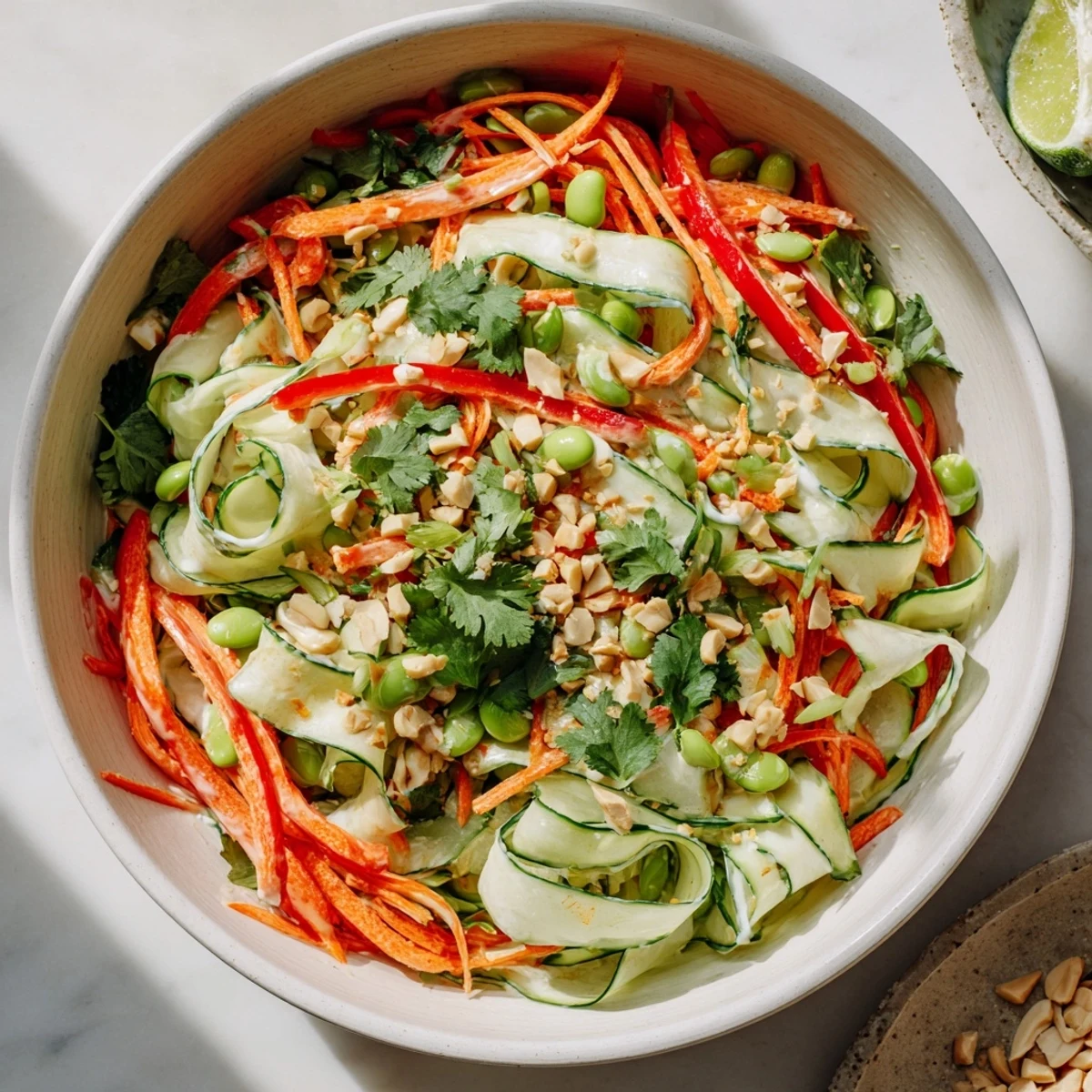 Creamy Asian Cucumber Bowl garnished with toasted sesame seeds and lime wedges on a light table.