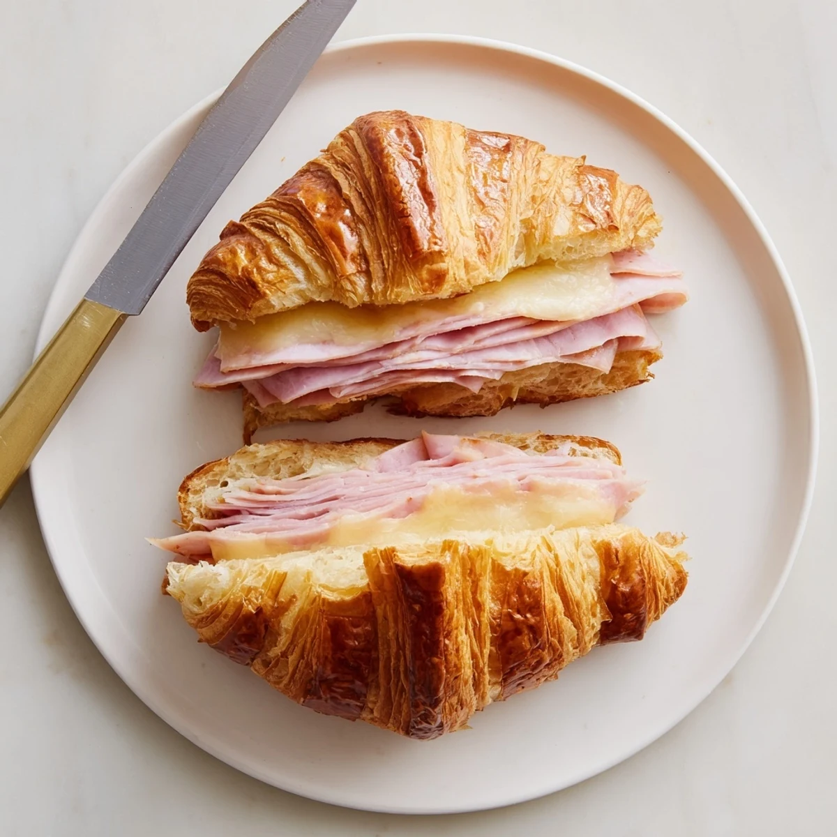 Warm Ham and Cheese Croissant melting with Swiss cheese and flaky buttery layers, ready to serve for a cozy breakfast.