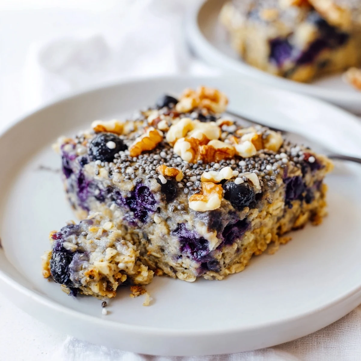 Golden-brown slices of High Protein Banana Blueberry Breakfast Bake show juicy blueberries and mashed banana throughout, served warm on a white plate.