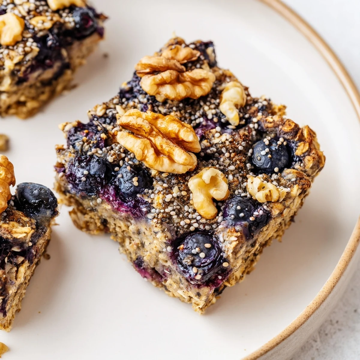 A close-up view of High Protein Banana Blueberry Breakfast Bake reveals a fluffy texture and scattered walnuts on top, fresh from the oven.