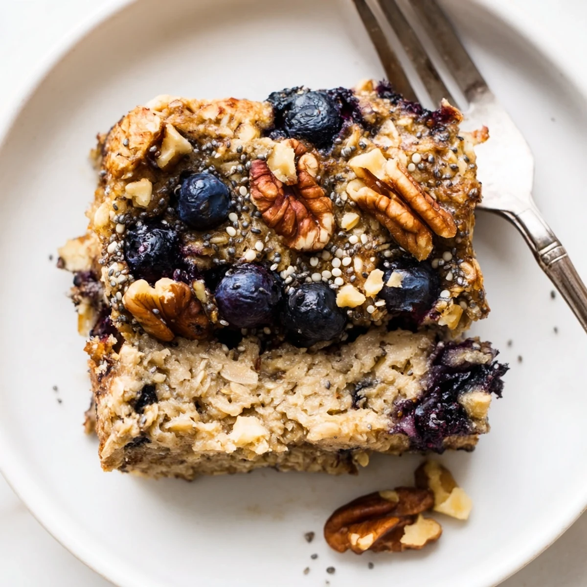 Overhead shot of High Protein Banana Blueberry Breakfast Bake in a ceramic dish, with a serving spoon ready for a healthy morning meal.