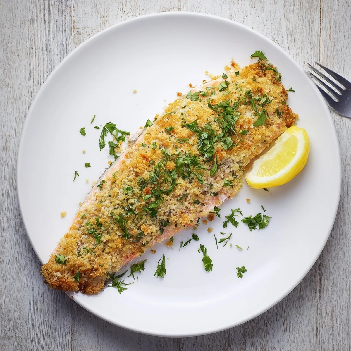 Golden-brown Irresistibly Crispy Parmesan Salmon Bake fresh from the oven, served on a white plate with lemon wedges and fresh herbs.