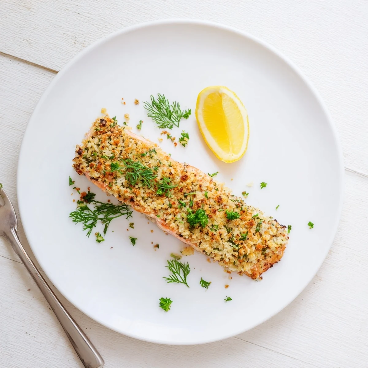Flaky, tender salmon fillet topped with a crunchy Parmesan and panko crust, ready to be served with a crisp green salad.