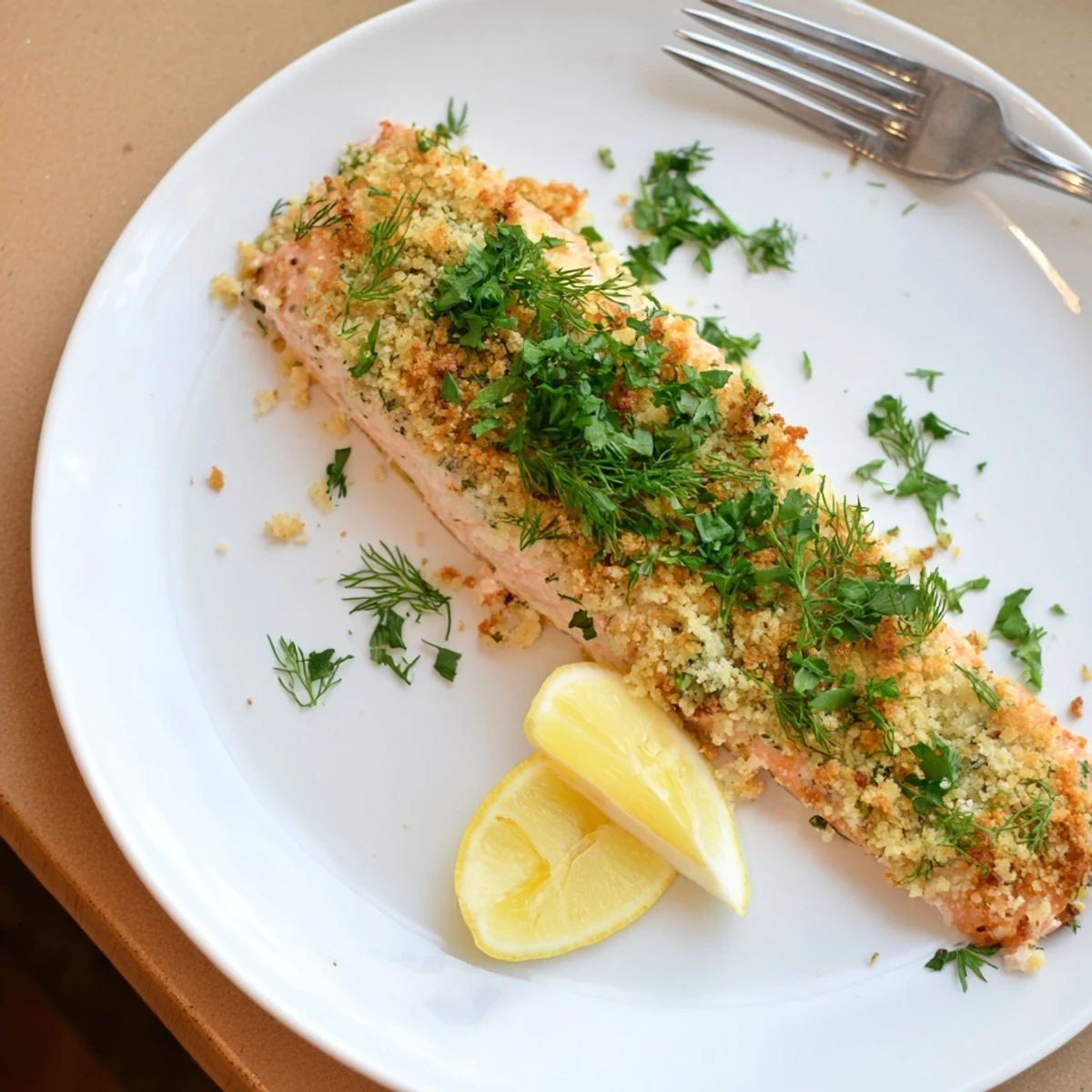 Close-up view of the Irresistibly Crispy Parmesan Salmon Bake highlighting the golden, buttery crust and juicy pink interior on a baking sheet.