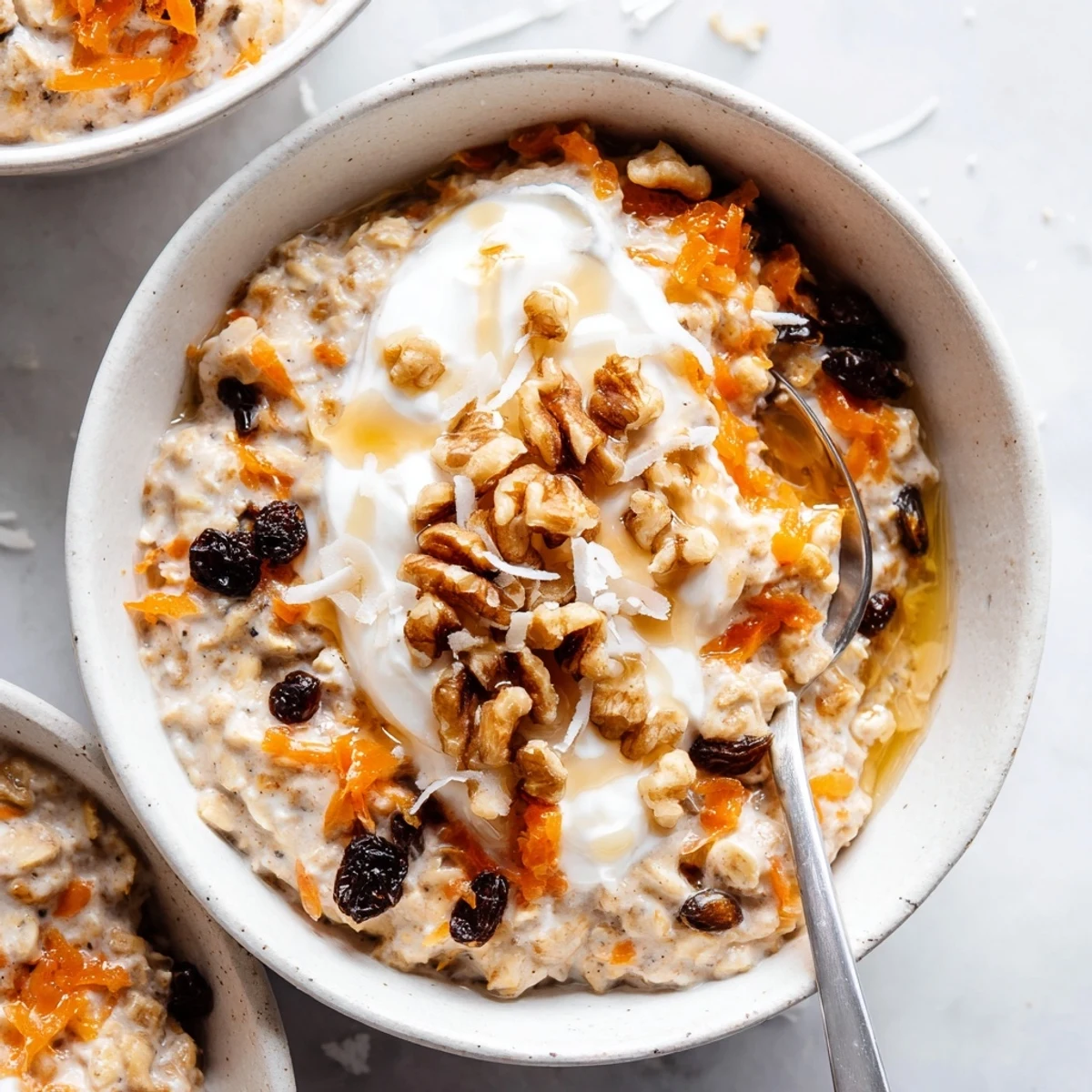 Creamy Carrot Cake Overnight Oats topped with shredded carrots, walnuts, and a drizzle of maple syrup in a glass jar.