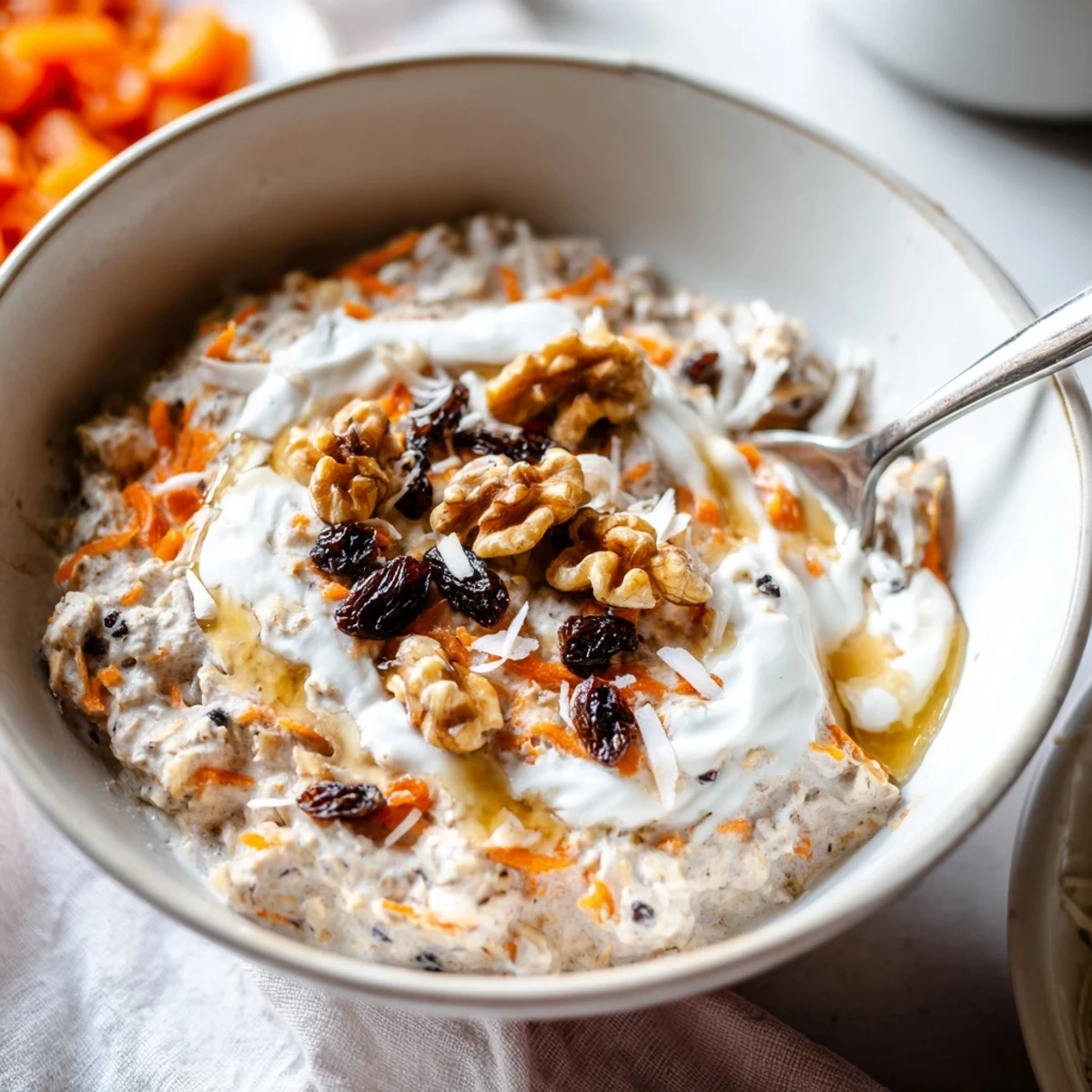 Thick and textured Carrot Cake Overnight Oats in a bowl, garnished with Greek yogurt and sweet raisins.