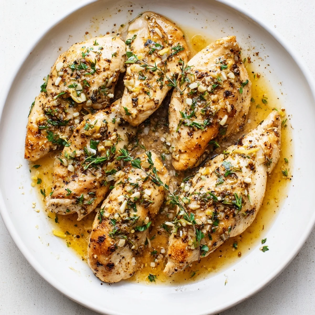 A close-up of succulent Garlic Butter Chicken with melted butter and minced garlic coating the meat, garnished with bright parsley.