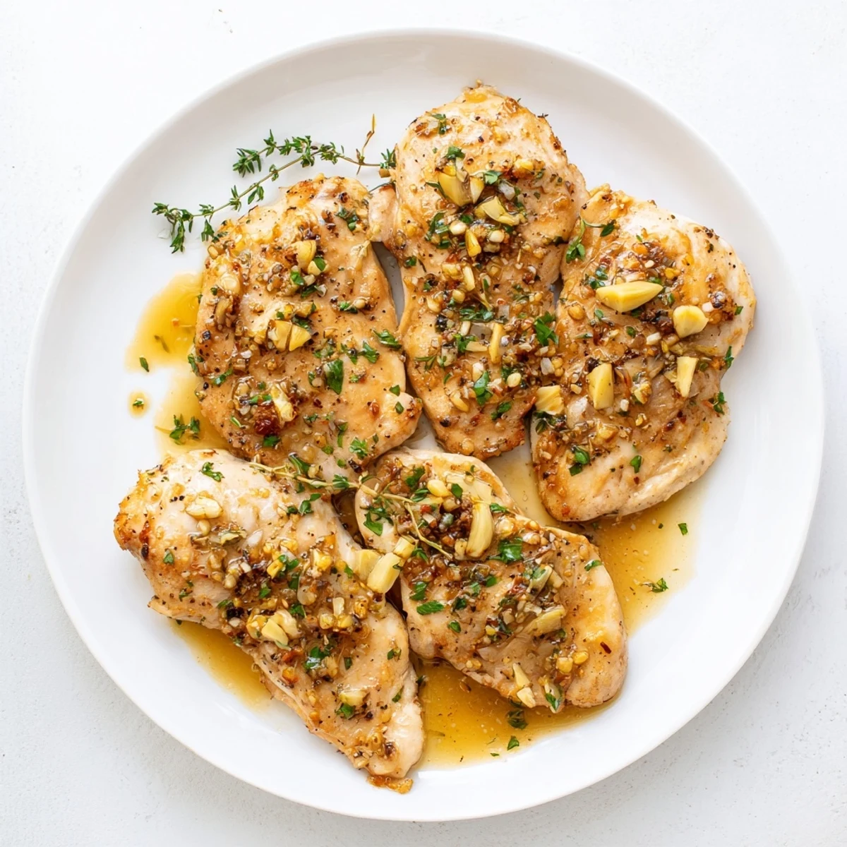 Golden-brown Garlic Butter Chicken breasts resting in a rich, glossy sauce flecked with fresh herbs, served beside fluffy rice.