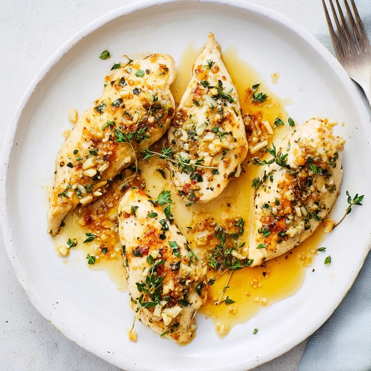 Garlic Butter Chicken plated with steamed vegetables and a lemon wedge, showcasing the savory sauce pooling around the tender chicken.