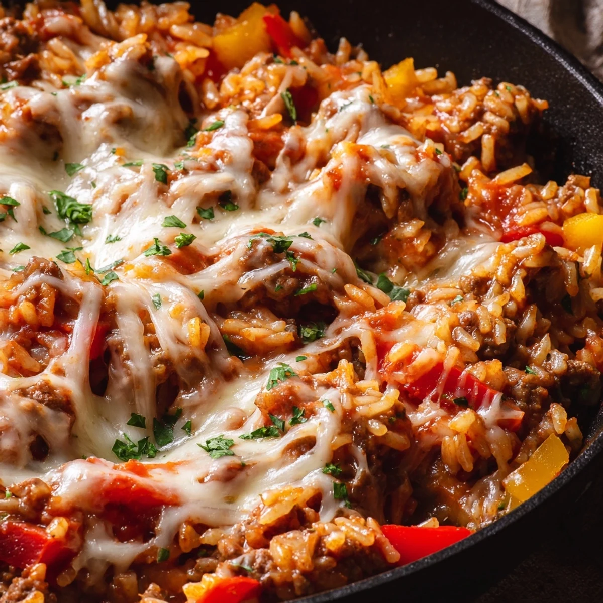 A close-up shows melted mozzarella cheese topping the hearty Unstuffed Pepper Skillet, garnished with fresh parsley and served hot in a rustic pan.