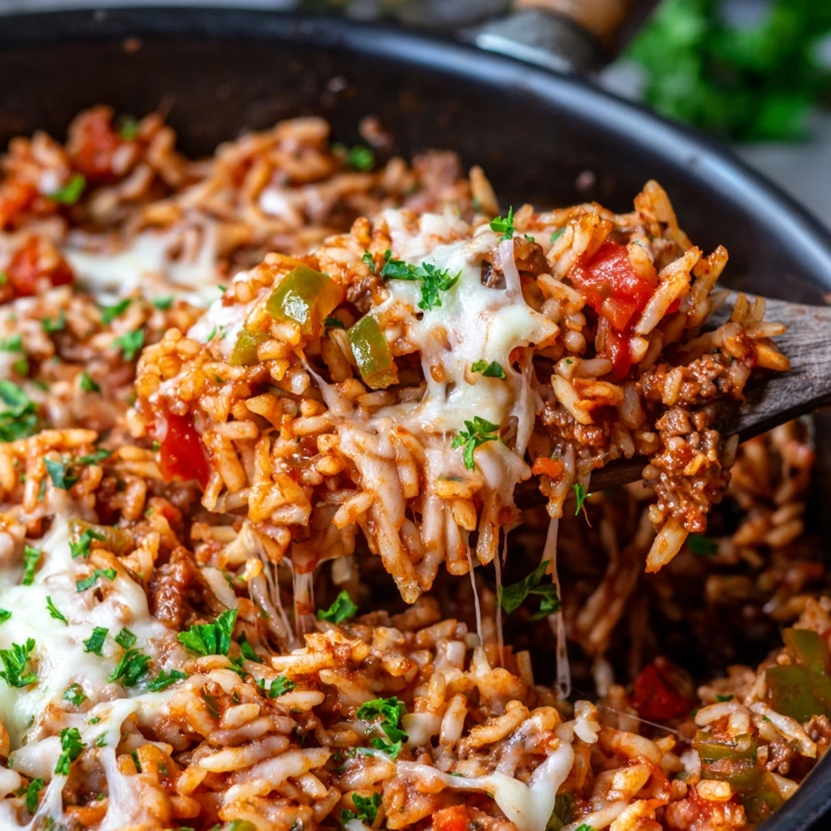 Vibrant red and green bell peppers mix with juicy tomatoes and rice in this one-pan Unstuffed Pepper Skillet, perfect for a family weeknight meal.