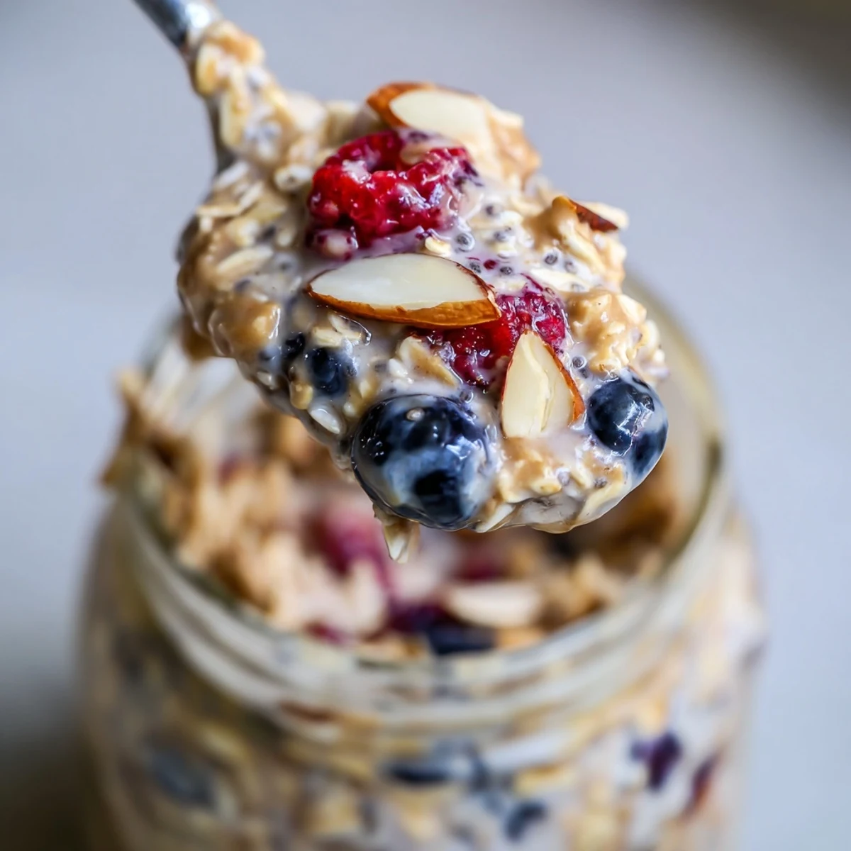 Creamy Berry Overnight Oats with Almond Butter layered in a glass jar topped with fresh berries and sliced almonds for a wholesome breakfast.