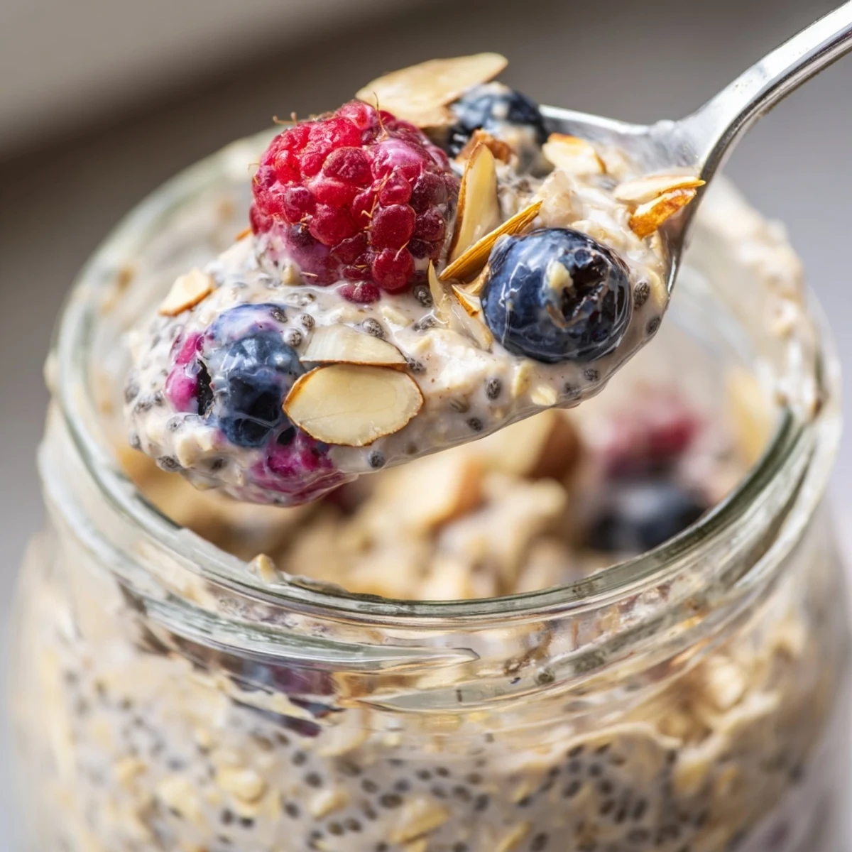 Stirred bowl of Berry Overnight Oats with Almond Butter featuring a creamy texture and vibrant mixed berries for a healthy morning meal.
