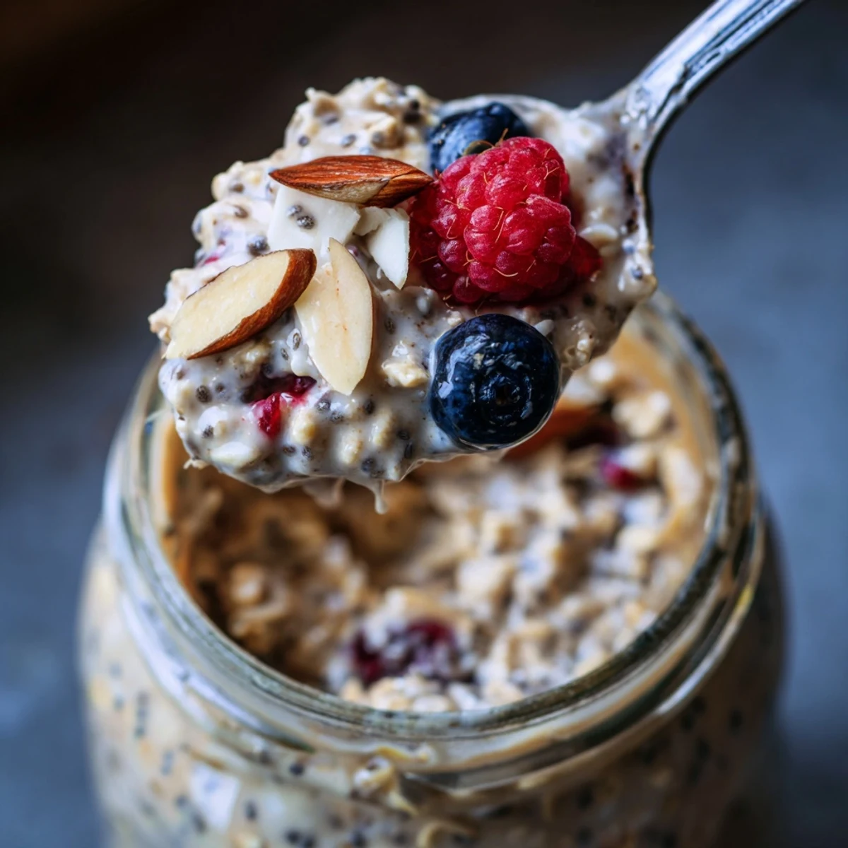 A close-up of Berry Overnight Oats with Almond Butter showcasing chia seeds, oats, and a drizzle of almond butter on top.