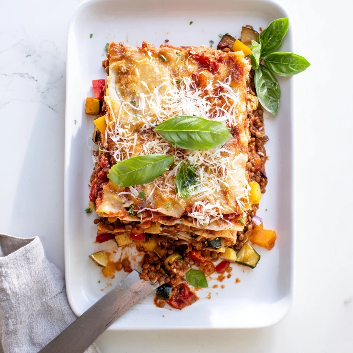 Golden-brown Smoky Veggie Lentil Lasagna emerges from the oven, showcasing bubbly cheese and roasted vegetable layers in a rustic dish.