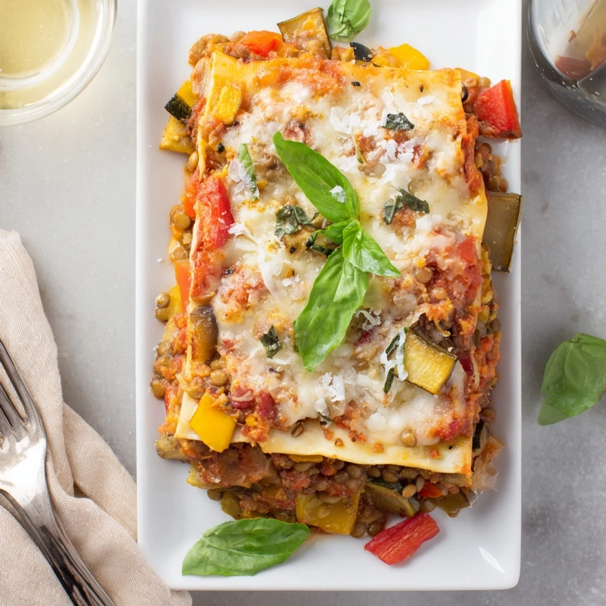 Serving suggestion for Smoky Veggie Lentil Lasagna with fresh basil garnish alongside a simple green salad for a family dinner.