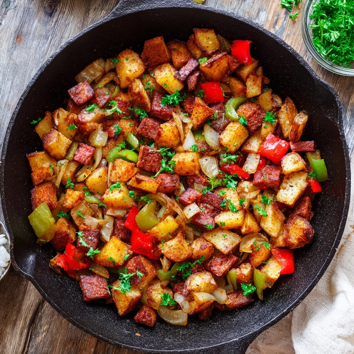 Skillet of Corned Beef Hash Skillet with Crispy Potatoes and Bell Peppers sizzling with golden potatoes and vibrant peppers.