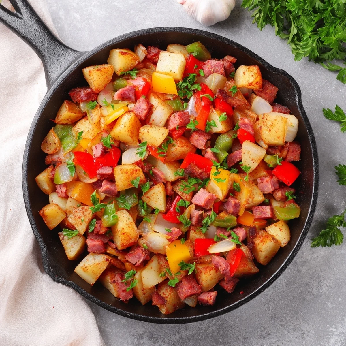 Close-up of Corned Beef Hash Skillet with Crispy Potatoes and Bell Peppers revealing crispy edges and tender corned beef chunks.
