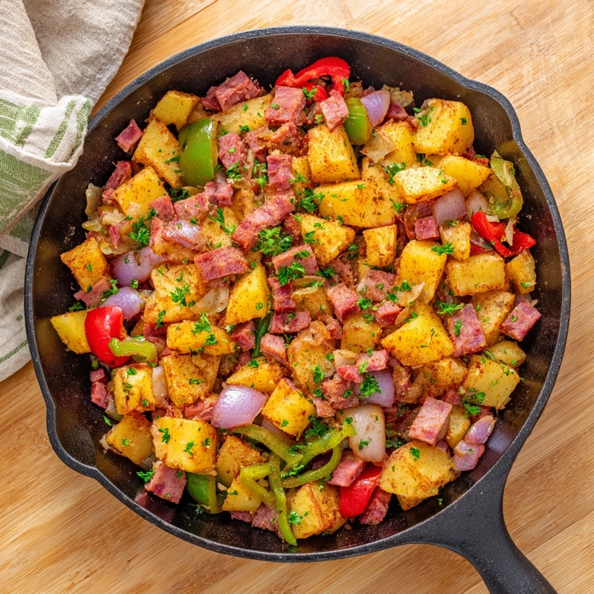 Hearty Corned Beef Hash Skillet with Crispy Potatoes and Bell Peppers served with a sunny-side-up egg and parsley garnish.