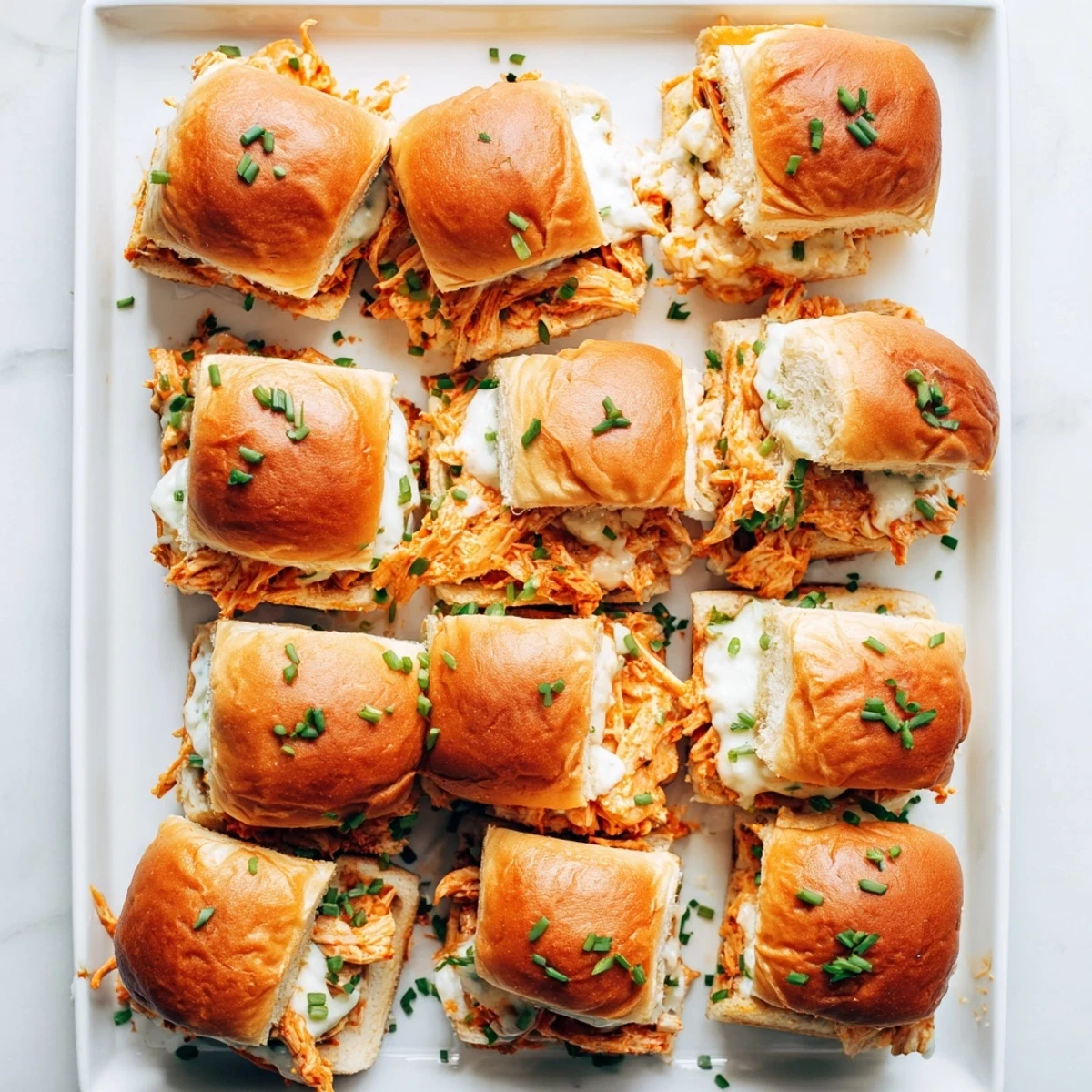 Warm Buffalo Chicken Pizza Dip Sliders with melted mozzarella and cheddar cheese on golden garlic butter buns.