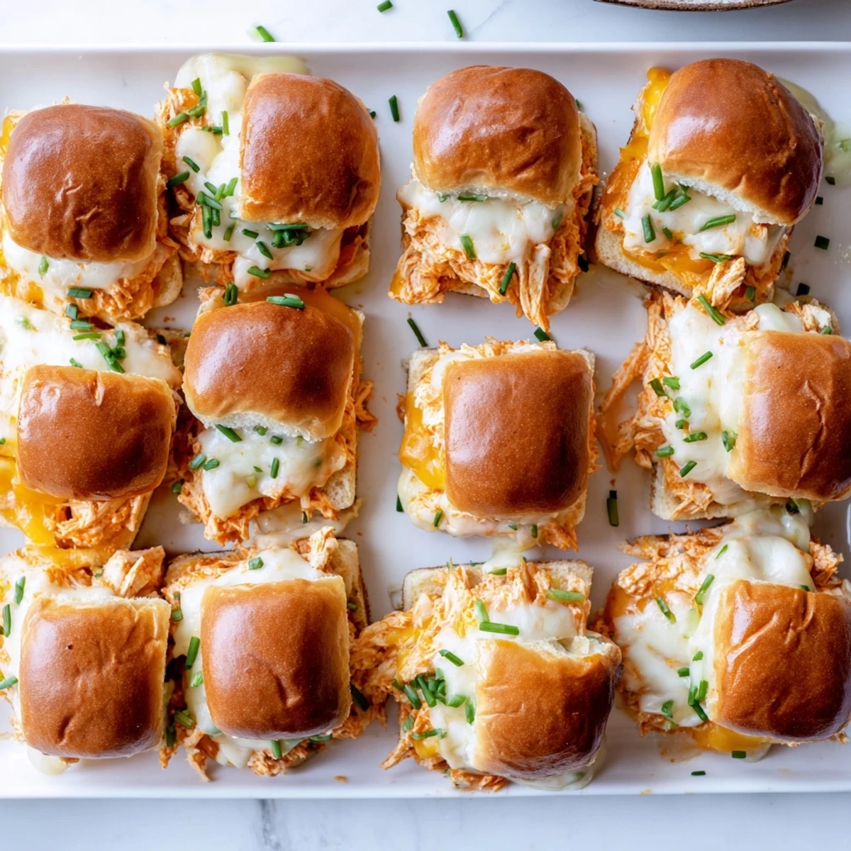Golden-brown Buffalo Chicken Pizza Dip Sliders garnished with chives, ready to serve at a game day party.